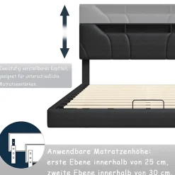 Lit Coffre 160x200 avec Sommier LED Hydraulique avec Rangement et Tete de Lit 2 Personnes Lits pour Adulte Coffre Noir+PU