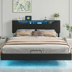 Lit Coffre 160x200 avec Sommier LED Hydraulique avec Rangement et Tete de Lit 2 Personnes Lits pour Adulte Coffre Noir+PU