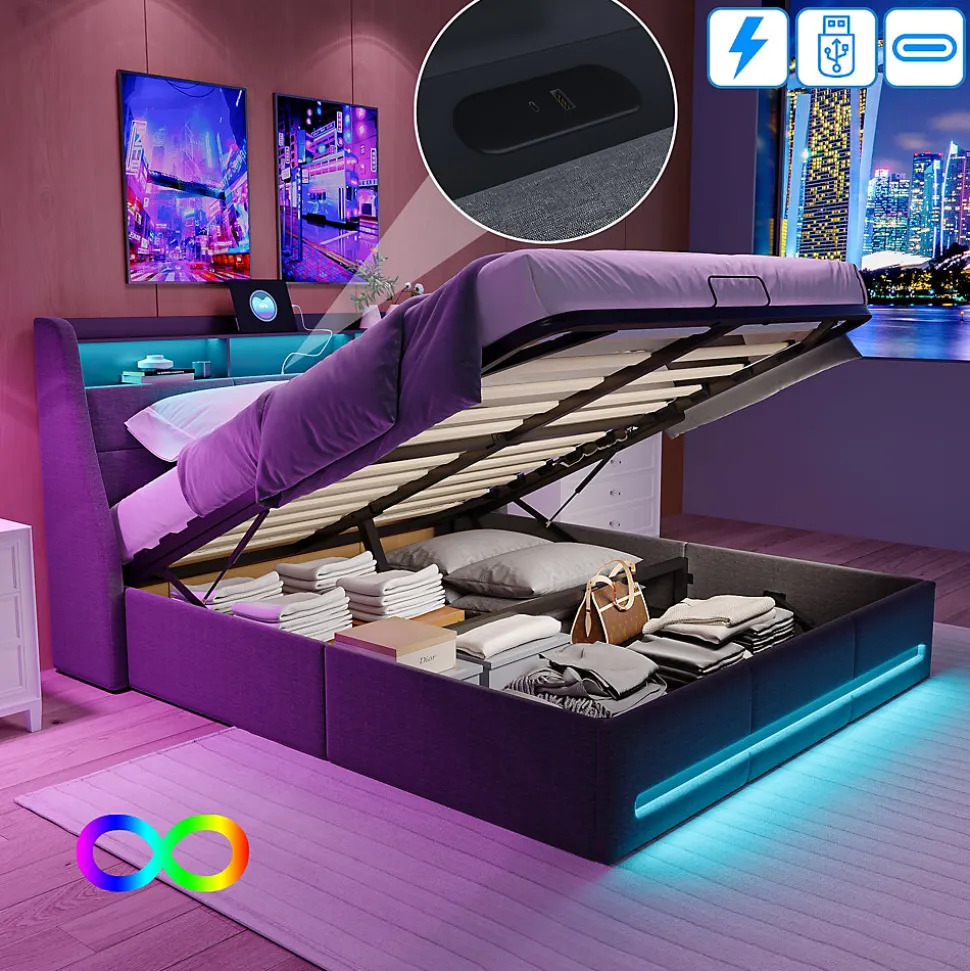 Lit Coffre 140x200 avec Sommier, Lit Coffre avec Port USB de Type C, éclairage LED, Lin, Gris