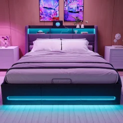 Lit Coffre 140x200 avec Sommier, Lit Coffre avec Port USB de Type C, éclairage LED, Lin, Gris