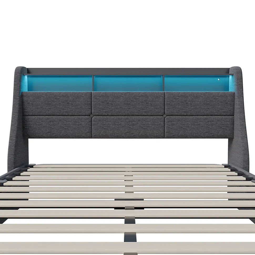 Lit Coffre 140x200 avec Sommier, Lit Coffre avec Port USB de Type C, éclairage LED, Lin, Gris