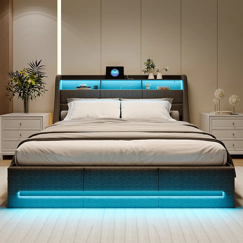 Lit Coffre 140x200 avec Sommier, Lit Coffre avec Port USB de Type C, éclairage LED, Lin, Gris