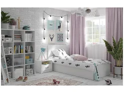 Lit coffre 90x200 avec sommier et rangement, coloris Blanc brillant - Longueur 204,5 x Profondeur 99 x Hauteur 95/40,5 cm