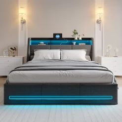 Lit Coffre 140x190 avec sommier LED et USB,Lit Double rembourré avec Rangement hydraulique pour Adultes et Adolescents, Lin, Gris