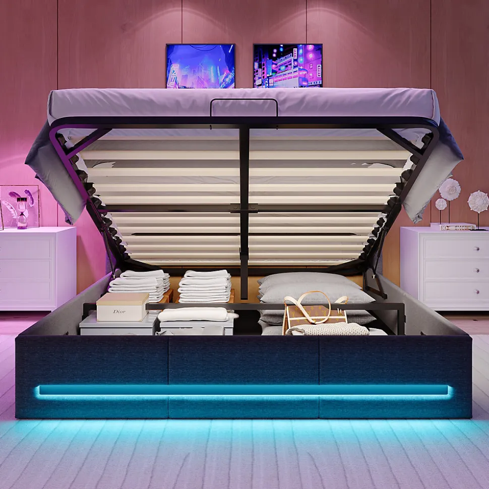 Lit Coffre 140x190 avec sommier LED et USB,Lit Double rembourré avec Rangement hydraulique pour Adultes et Adolescents, Lin, Gris