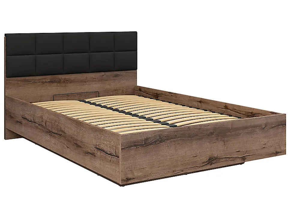 Lit coffre 140x200 avec tête de lit rembourrée noir, sommier et rangement ,coloris Chêne marron foncé
