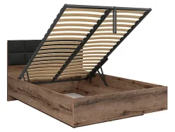 Lit coffre 140x200 avec tête de lit rembourrée noir, sommier et rangement ,coloris Chêne marron foncé