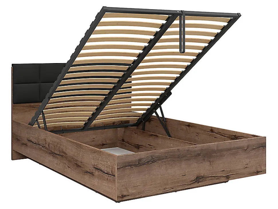 Lit coffre 140x200 avec tête de lit rembourrée noir, sommier et rangement ,coloris Chêne marron foncé