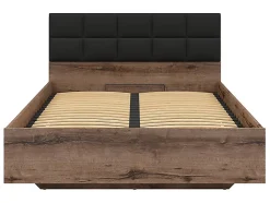 Lit coffre 140x200 avec tête de lit rembourrée noir, sommier et rangement ,coloris Chêne marron foncé