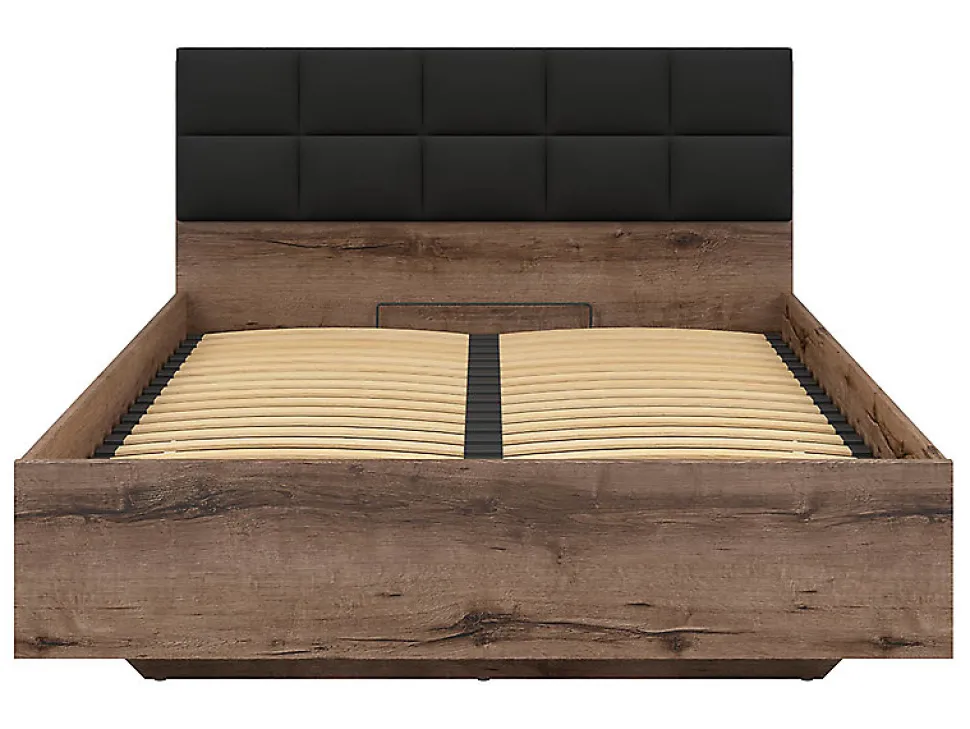 Lit coffre 140x200 avec tête de lit rembourrée noir, sommier et rangement ,coloris Chêne marron foncé