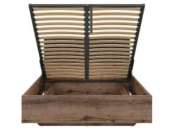 Lit coffre 140x200 avec tête de lit rembourrée noir, sommier et rangement ,coloris Chêne marron foncé