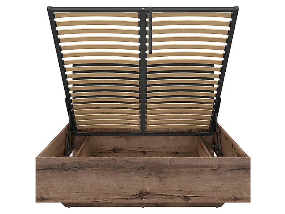 Lit coffre 140x200 avec tête de lit rembourrée noir, sommier et rangement ,coloris Chêne marron foncé