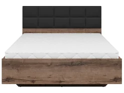 Lit coffre 140x200 avec tête de lit rembourrée noir, sommier et rangement ,coloris Chêne marron foncé