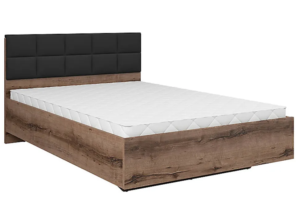 Lit coffre 140x200 avec tête de lit rembourrée noir, sommier et rangement ,coloris Chêne marron foncé