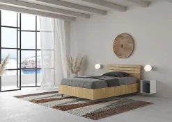 Lit coffre 120x200 avec tête de lit inclinée à lattes en chêne Ankel