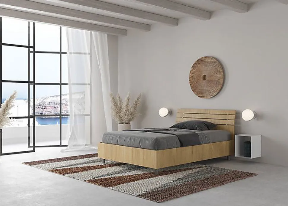 Lit coffre 120x200 avec tête de lit inclinée à lattes en chêne Ankel