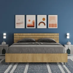 Lit coffre 160x190 avec tête de lit inclinée à lattes en chêne Ankel