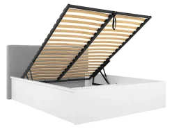 Lit coffre 160x200 avec tête de lit capitonnée ,coloris Blanc brillant/Textile Noir - L. 209,5 x P. 176 x H. 95/40,5 cm