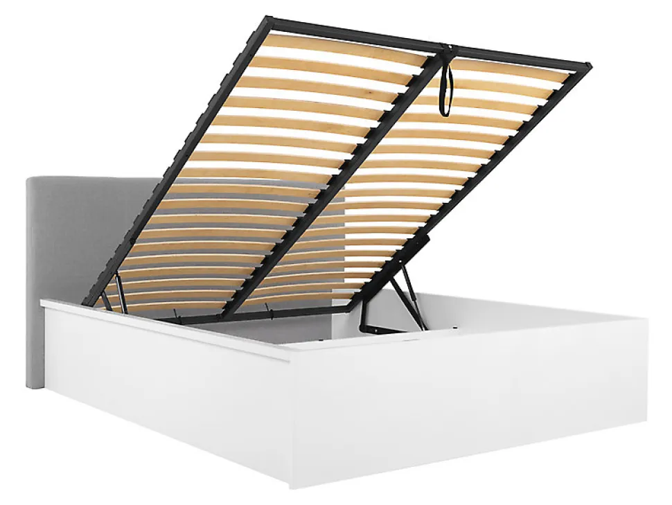 Lit coffre 160x200 avec tête de lit capitonnée ,coloris Blanc brillant/Textile Noir - L. 209,5 x P. 176 x H. 95/40,5 cm