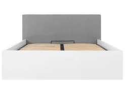 Lit coffre 160x200 avec tête de lit capitonnée ,coloris Blanc brillant/Textile Noir - L. 209,5 x P. 176 x H. 95/40,5 cm