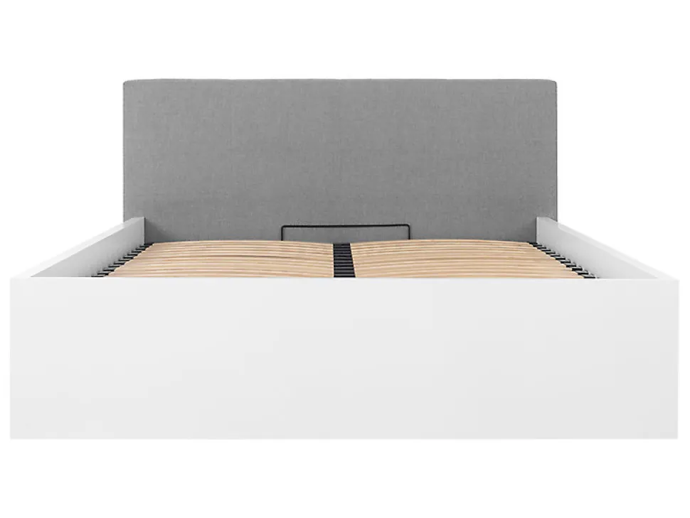 Lit coffre 160x200 avec tête de lit capitonnée ,coloris Blanc brillant/Textile Noir - L. 209,5 x P. 176 x H. 95/40,5 cm