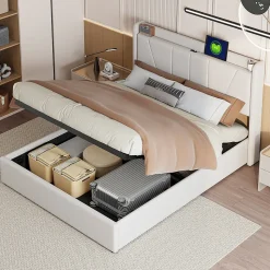 Lit Coffre 140x200 avec USB et Type C, Lit capitonné avec Sommier à Lattes, Lit Double, Beige