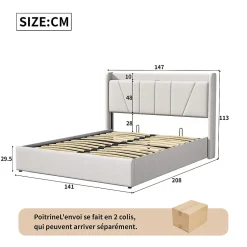 Lit Coffre 140x200 avec USB et Type C, Lit capitonné avec Sommier à Lattes, Lit Double, Beige