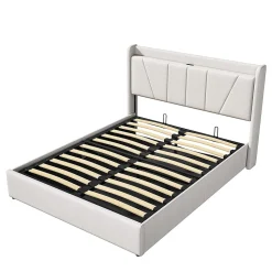 Lit Coffre 140x200 avec USB et Type C, Lit capitonné avec Sommier à Lattes, Lit Double, Beige