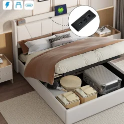 Lit Coffre 140x200 avec USB et Type C, Lit capitonné avec Sommier à Lattes, Lit Double, Beige