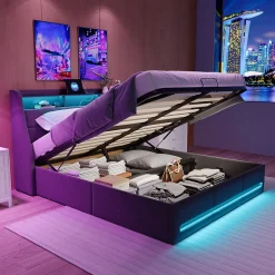 Lit coffre 140x200 cm, avec rangement hydraulique, LED multicolore, USB et tête de lit avec prise, Gris