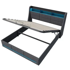 Lit coffre 140x200 cm, avec rangement hydraulique, LED multicolore, USB et tête de lit avec prise, Gris