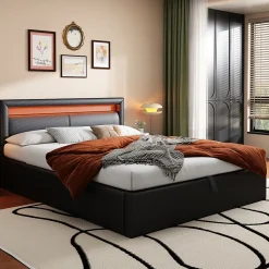 Lit Coffre 140x190 cm - Capitonné avec LED Multicolores et Rangement - Simili Cuir Noir - Sans Matelas