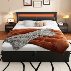 Lit Coffre 140x190 cm - Capitonné avec LED Multicolores et Rangement - Simili Cuir Noir - Sans Matelas