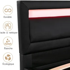 Lit Coffre 140x190 cm - Capitonné avec LED Multicolores et Rangement - Simili Cuir Noir - Sans Matelas