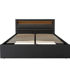 Lit Coffre 140x190 cm - Capitonné avec LED Multicolores et Rangement - Simili Cuir Noir - Sans Matelas