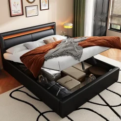 Lit Coffre 140x190 cm - Capitonné avec LED Multicolores et Rangement - Simili Cuir Noir - Sans Matelas