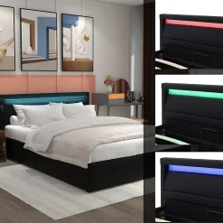 Lit Coffre 140x190 cm - Capitonné avec LED Multicolores et Rangement - Simili Cuir Noir - Sans Matelas