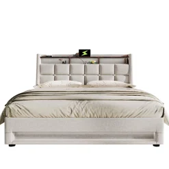 Lit coffre 160x200 cm - Lit ados avec USB et LED - Lin - Sans Matelas - Beige