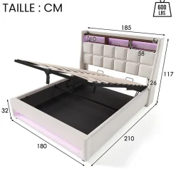 Lit coffre 180x200 cm - Lit ados avec USB et LED - Lin - Sans Matelas - Beige