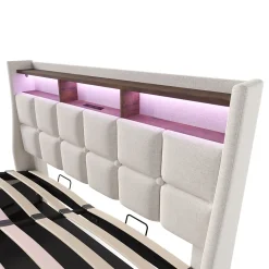 Lit coffre 180x200 cm - Lit ados avec USB et LED - Lin - Sans Matelas - Beige