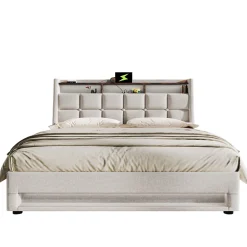 Lit coffre 180x200 cm - Lit ados avec USB et LED - Lin - Sans Matelas - Beige