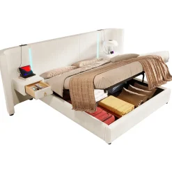 Lit Coffre 180x200 cm - Lit Adulte avec LED et 2 Tiroirs - Velours + MDF - Sans Matelas - Beige