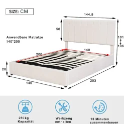 Lit Coffre 140x200 cm - Lit avec Rangement Intégré et Mécanisme Hydraulique, en Velours Blanc, Sans Matelas