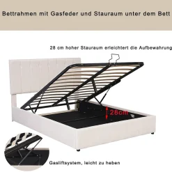 Lit Coffre 140x200 cm - Lit avec Rangement Intégré et Mécanisme Hydraulique, en Velours Blanc, Sans Matelas