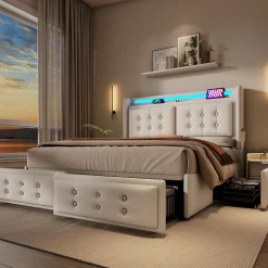 Lit coffre 160x200 cm - Lit capitonné double avec 4 tiroirs et USB-C - Coton - Sans Matelas - Beige