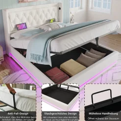 Lit coffre 180x200 cm - Lit coffre hydraulique avec USB Type-C et LED - PU - Sans Matelas - Blanc