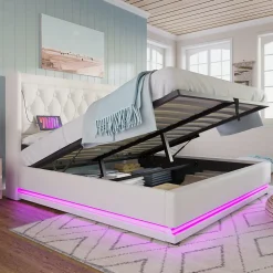 Lit coffre 180x200 cm - Lit coffre hydraulique avec USB Type-C et LED - PU - Sans Matelas - Blanc