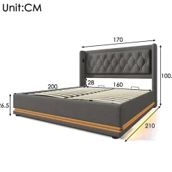 Lit coffre 160x200 cm - Lit coffre hydraulique avec USB Type-C - Coton - Sans Matelas - Gris