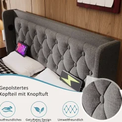 Lit coffre 160x200 cm - Lit coffre hydraulique avec USB Type-C - Coton - Sans Matelas - Gris