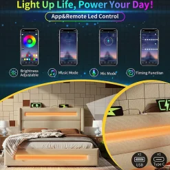 Lit coffre 140x200 cm - Lit coffre double avec Rangement Hydraulique, Éclairage LED et USB Type-C, Velours Beige, Matelas Inclus